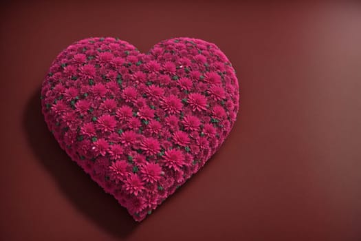 The image is a pink heart-shaped flower arrangement on a brown background.