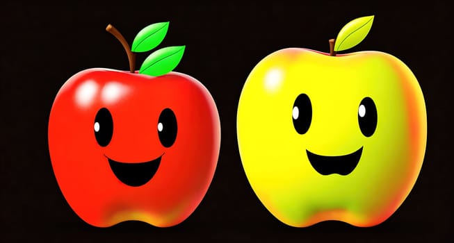 The image shows two smiling apples, one red and one green, standing next to each other.