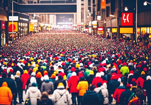 The image shows a busy street scene with people walking in different directions, surrounded by tall buildings and streetlights.