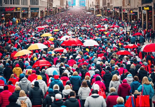 The image shows a large crowd of people walking down a busy street on a sunny day, with umbrellas overhead to protect them from the rain.