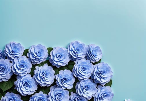 The image shows a bouquet of blue roses arranged in a vase on a green background.