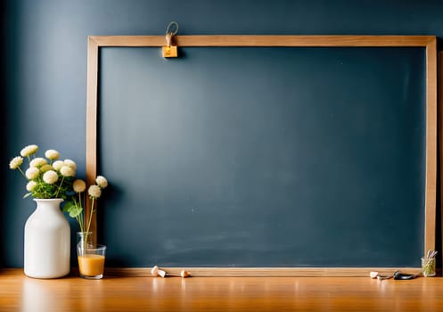 The image shows a blank chalkboard with a vase of flowers on a table next to it.