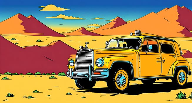 The image shows an old yellow truck driving through a desert landscape with mountains in the background.