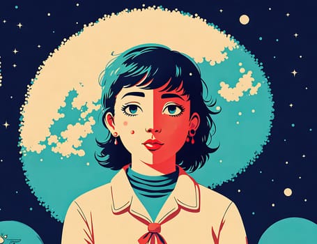 The image depicts a young girl standing in front of a stylized background of stars and planets, with a thoughtful expression on her face.
