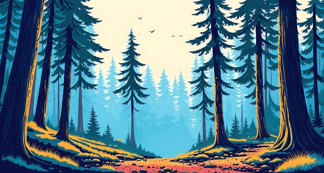 The image depicts a serene forest scene with tall trees on either side of a dirt path leading into the woods.