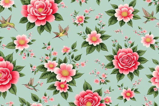 The image is a pink floral wallpaper with birds and flowers on it.