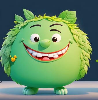 The image shows a cartoon character with green hair and a big smile, standing in front of a white background.