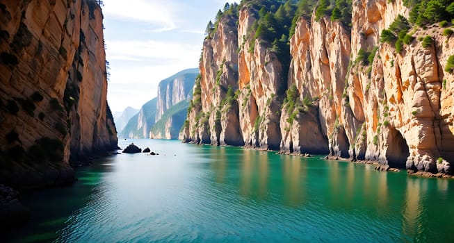 The image shows a narrow river with steep cliffs on either side, with a small boat floating in the water.
