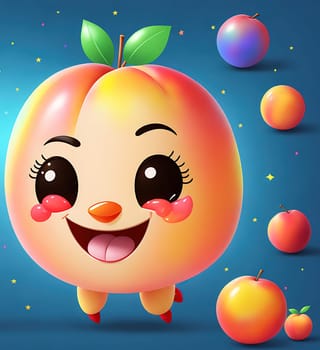 The image shows a cartoon orange with a smiling face and a pair of wings, floating in front of a background of clouds and stars.