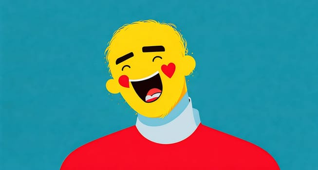The image is a cartoon illustration of a smiling man with a red shirt and blue pants.