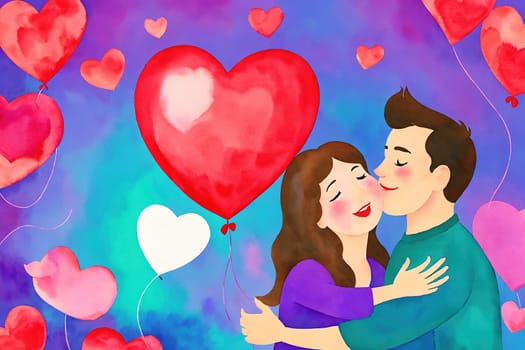 The image shows a couple embracing and looking into each others eyes, surrounded by pink heart balloons.