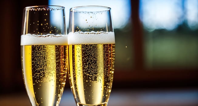 The image shows two champagne flutes filled with bubbly liquid.