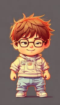 The image is of a young boy wearing glasses and a hoodie, standing with his hands in his pockets and looking down at the ground.