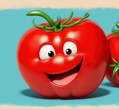 The image shows a cartoon tomato with a smiling face and a pair of eyes.