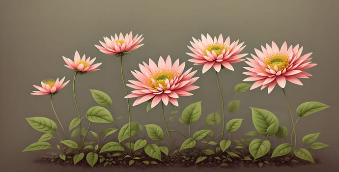 The image depicts a group of pink flowers growing in a field with green leaves and stems.
