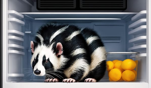 The image shows a small, black and white striped ferret standing in front of an open refrigerator with a bowl of eggs inside.