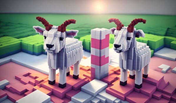 The image is a 3D rendering of two white goats standing on top of a pink and purple cube.