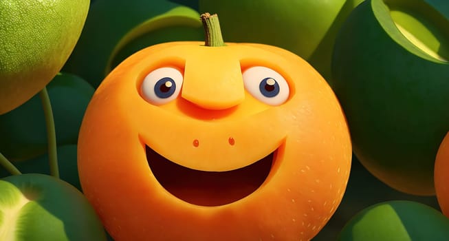 The image shows a cartoon orange with a smile on its face surrounded by other oranges.