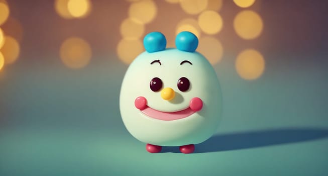 The image is a cartoon character with a smiling face and big eyes, wearing a blue shirt and pants, standing in front of a blurred background.
