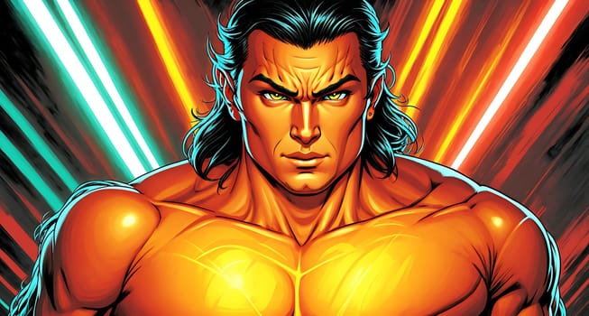 The image depicts a muscular man with long, flowing hair and a serious expression on his face.