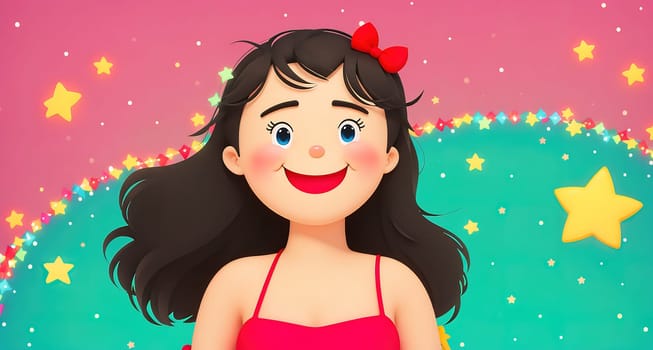 The image shows a young girl standing in front of a pink background with stars and clouds in the background.