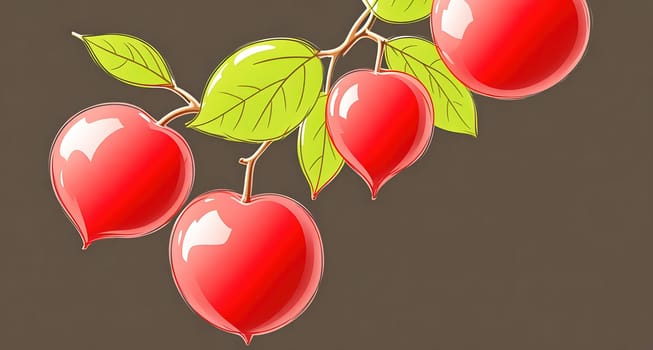 The image shows a bunch of ripe plums hanging from a branch with leaves.