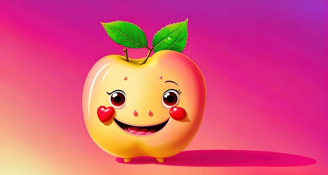 The image is an illustration of an apple with a smiling face and a green leaf on its top.
