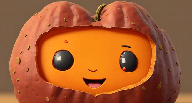 The image is a cartoon pumpkin with a smiling face and a happy expression.