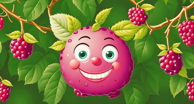 The image shows a cartoon strawberry with a smiling face hanging from a branch of green leaves.
