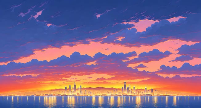 The image depicts a sunset over a body of water with a city skyline in the distance.