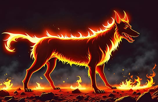 The image depicts a large, fluffy dog standing on a rocky terrain with flames coming out of its mouth.