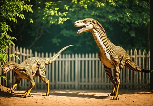 The image shows two dinosaurs standing next to a fence in a grassy area.