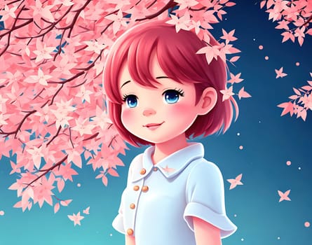 The image depicts a young girl standing under a cherry blossom tree, looking up at the sky with a smile on her face.