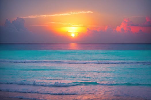The image shows a beautiful sunset over the ocean with clear blue water and white waves.
