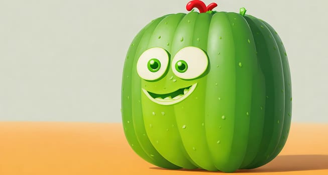 The image is a cartoon cucumber with a smiling face and green skin.