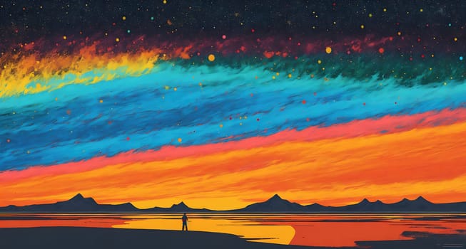 The image depicts a sunset over a body of water with a lone figure standing on the shore looking out at the horizon.