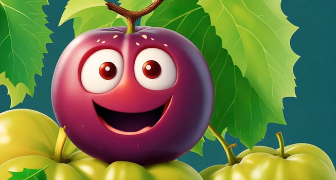 The image shows a cartoon apple hanging from a tree branch with a smile on its face.