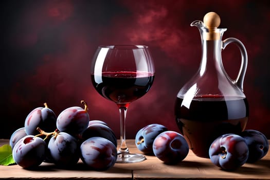 plum red wine in a glass and decanter against the background of ripe plums on the table.