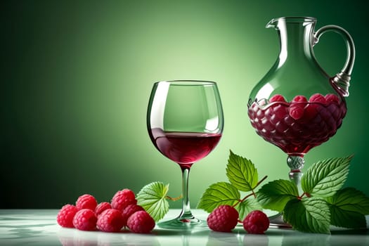 raspberry liqueur, wine in a glass isolated on a green background .