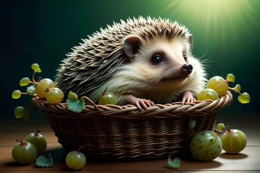 cute hedgehog in a basket with ripe gooseberry .