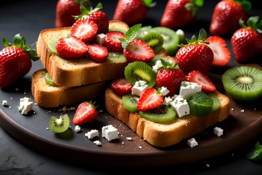 sandwich with fresh strawberries, kiwi, cottage cheese in a plate .