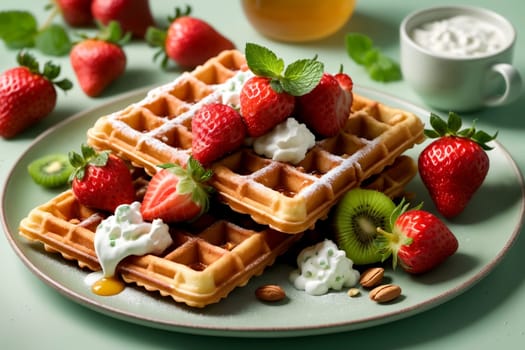 waffles with fresh strawberries, kiwi, cottage cheese in a plate .