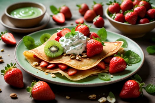 thin pancakes with fresh strawberries, kiwi, cottage cheese, in a plate .