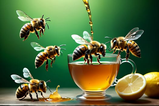 bees carry honey into tea, natural tea with honey.