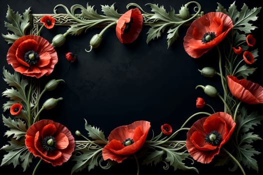 Blooming red poppies on a black background .