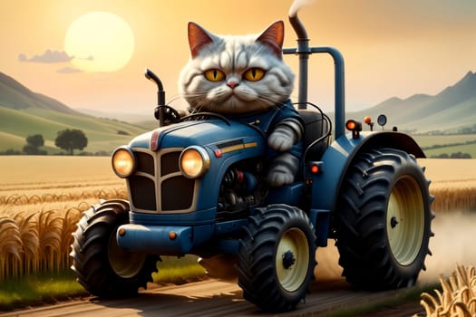 hardworking cat driving a tractor in the field, tractor driver .