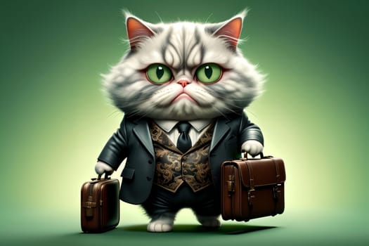 Cat boss in a formal business suit with a briefcase, isolated on a green background .