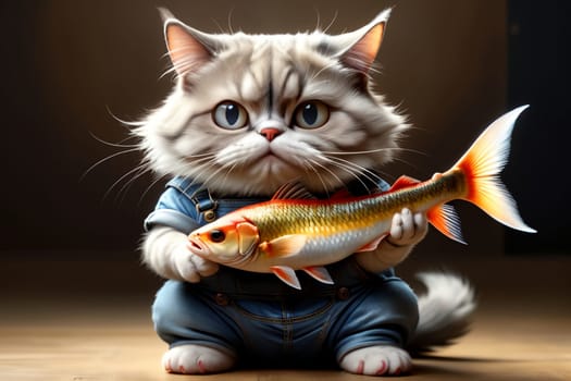 A fat cat with a big fish in its paws. Isolated on a yellow background. AI generated image.