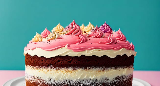 The image is a cake with pink frosting and sprinkles on top.