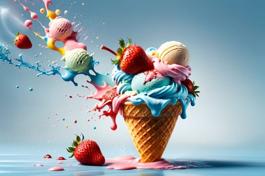 cold fruit sweet ice cream on a blue background. AI generated image.